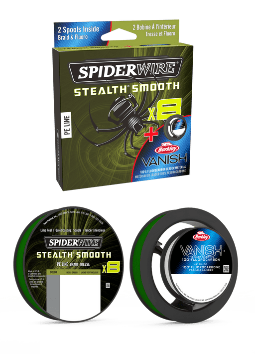 Spiderwire Stealth Smooth 8 strand braid Moss Green with free spool of Vanish Fluorocarbon leader line Reelfishing