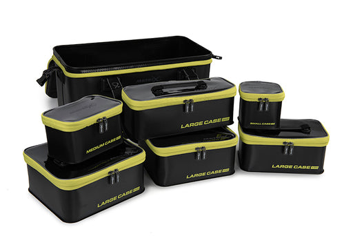 Supplied with 6 internal bags with clear lids Developed as a modular system to help keep your tackle organised. Ideal for storing accessories, feeders and hooklength boxes. Constructed from durable EVA with heat sealed seams Moulded lid help to prevent water leaking into the bag Features carry handles and a removable shoulder strap Moulded feet to help prevent wear Main XL Bag and smaller bags all available to purchase separately Dimensions L550 x W300 x H285mm Main material 100% EVA / Clear lids 100% PVC