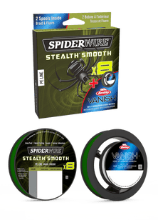 Spiderwire Stealth Smooth 8 strand braid Moss Green with free spool of Vanish Fluorocarbon leader line Reelfishing